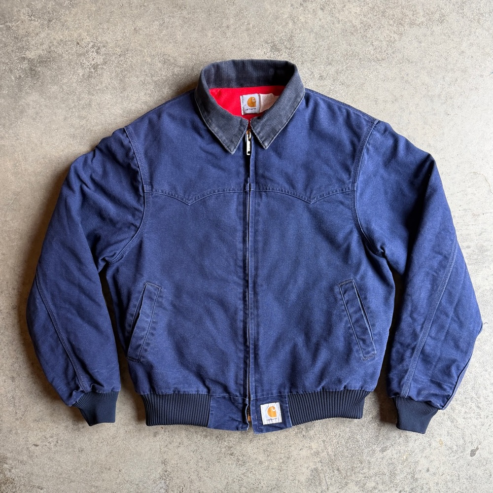 RARE 90s Carhartt Santa Fe Navy Bomber Jacket with Red Lining